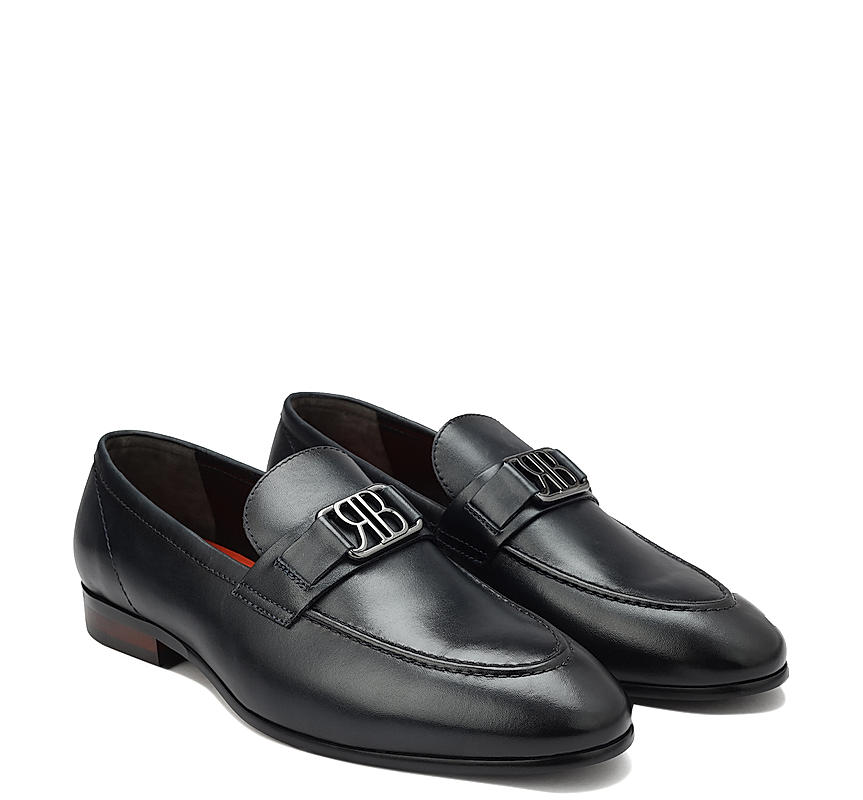 Navy Leather Loafers With Logo