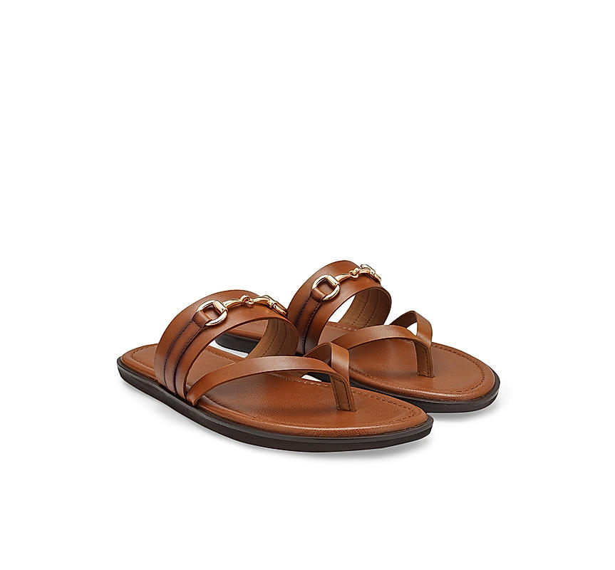 Tan Leather Slippers With Metal Buckle