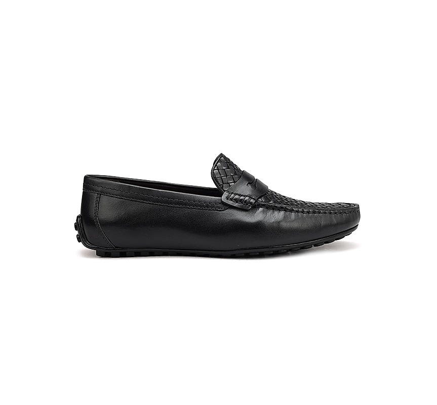 Black Woven Leather Moccasins