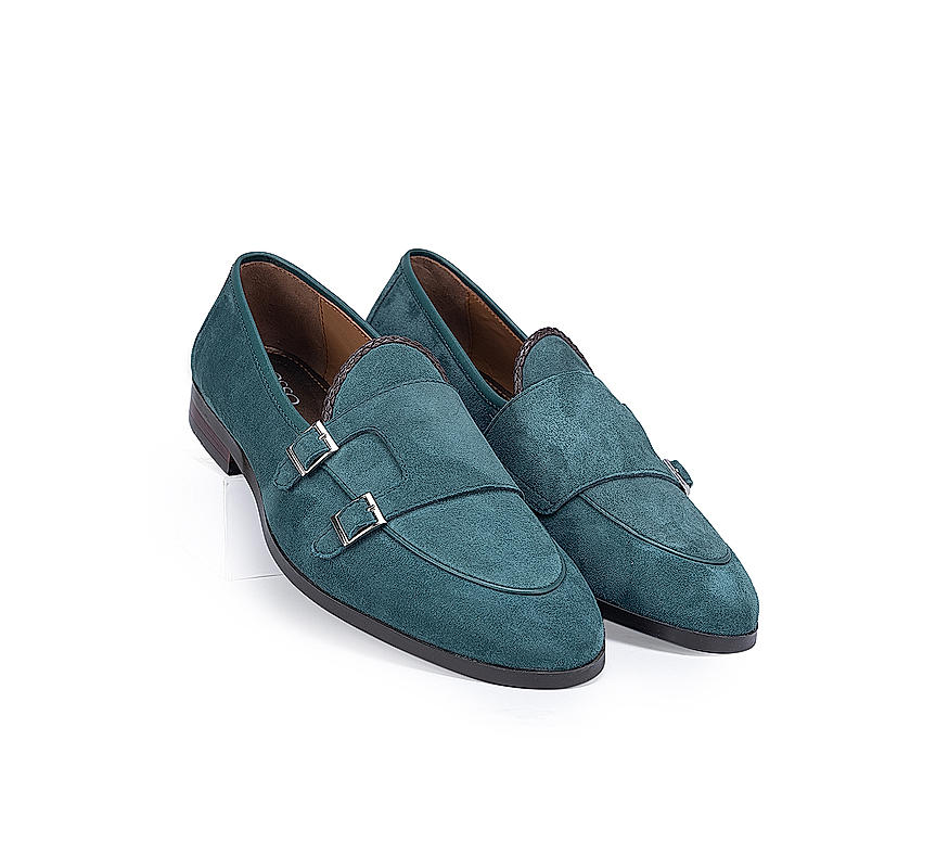 Green Suede Leather Monk Strap Shoes
