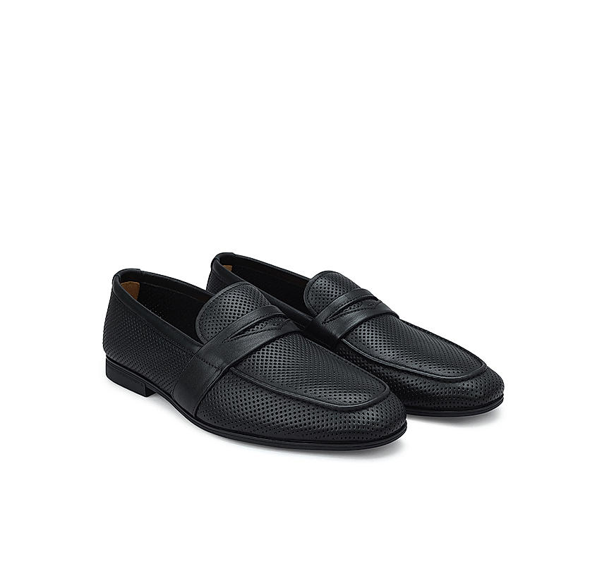 Black Perforated Leather Loafers