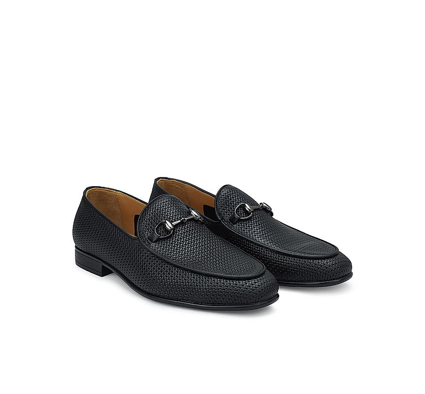 Black Textured Loafers With Buckle