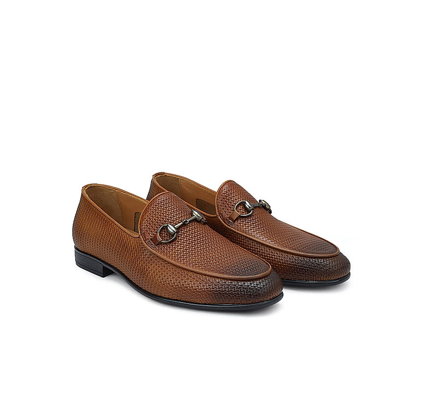 Tan Textured Loafers With Buckle