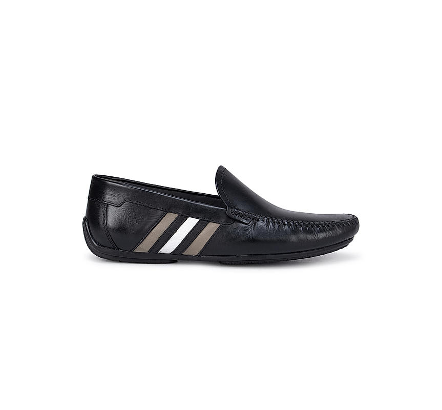 Black Plain Leather Moccasins With Stripes