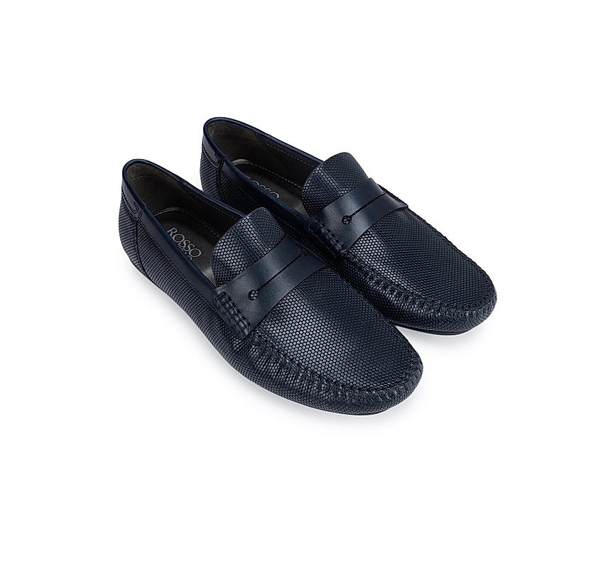 Navy Textured Moccasins With Panel