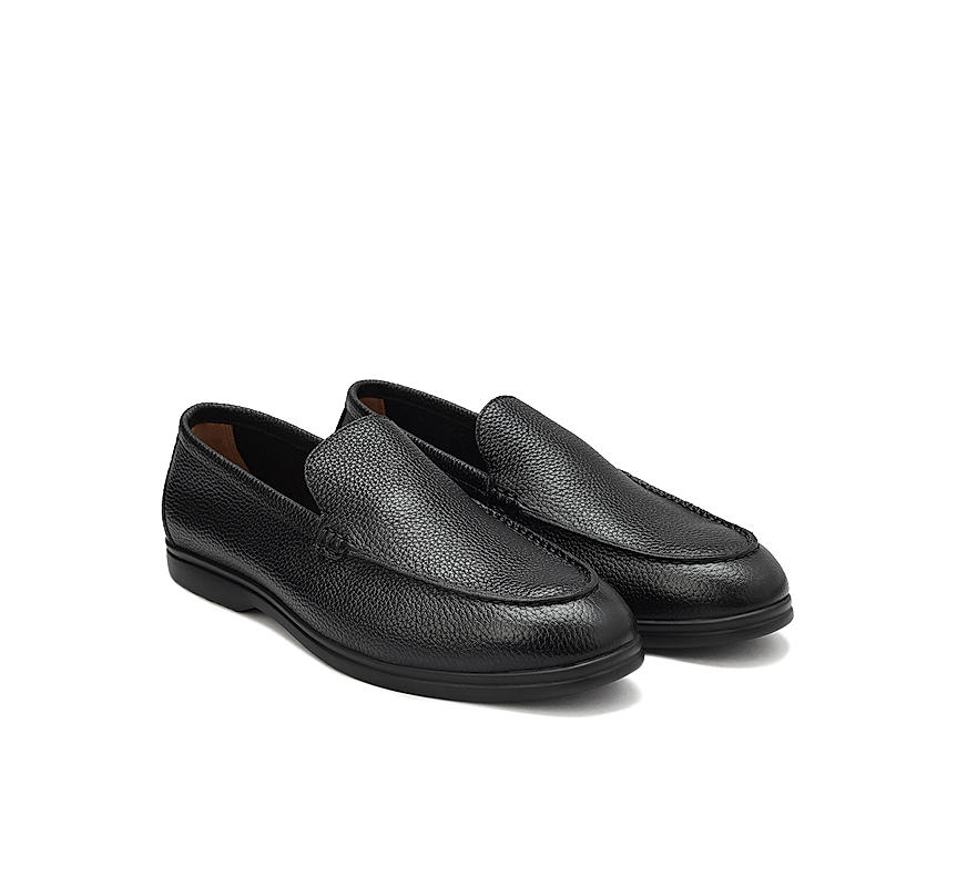 Black Textured Leather Loafers