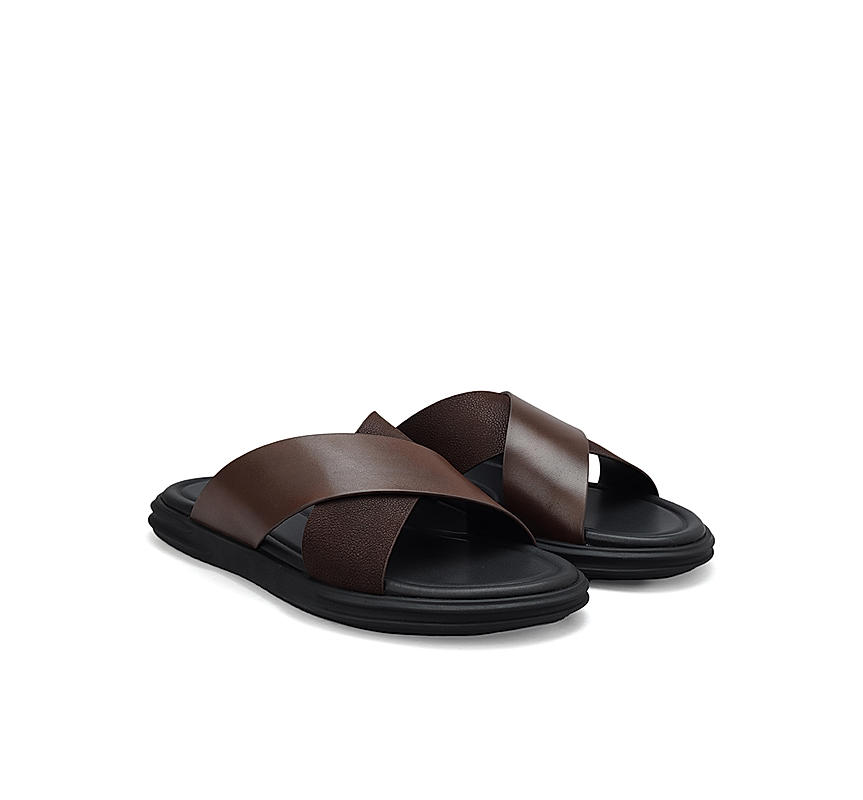 Brown Criss Cross Leather Sliders