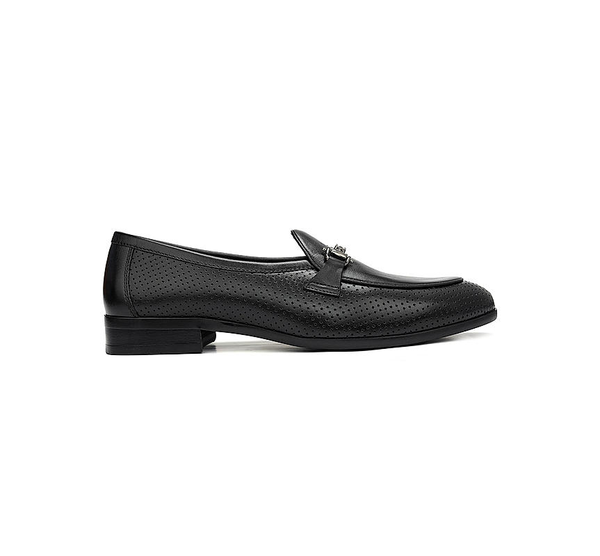 Black Perforated Leather Loafers