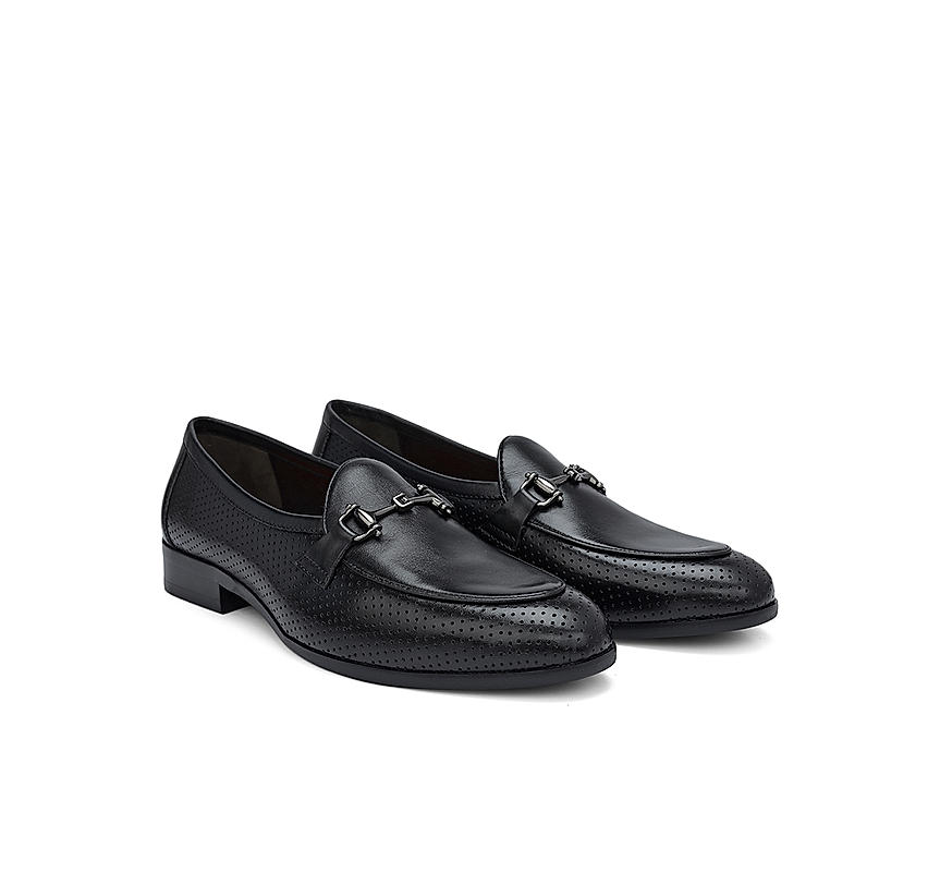 Black Perforated Leather Loafers