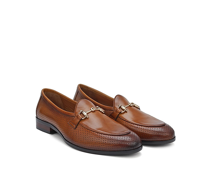 Tan Perforated Leather Loafers