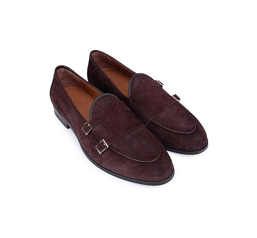 Coffee Suede Leather Monk Straps