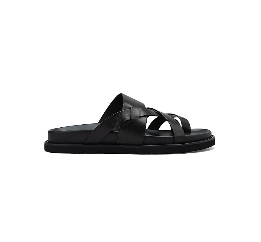 Black Strappy Leather Sliders