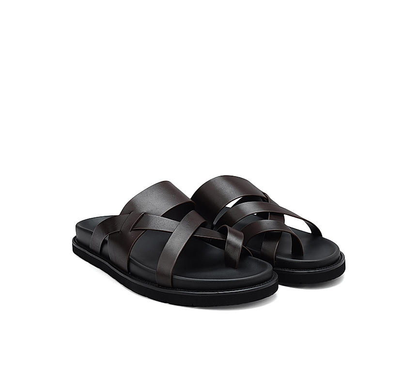Coffee Strappy Leather Sliders