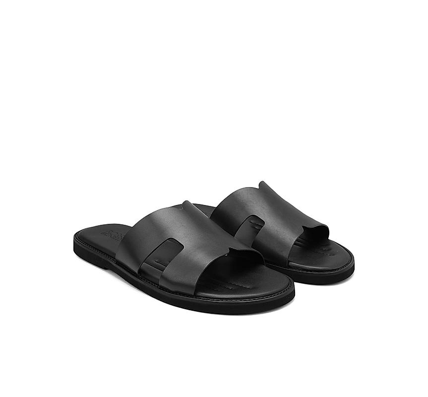 Black Plain Leather Sliders