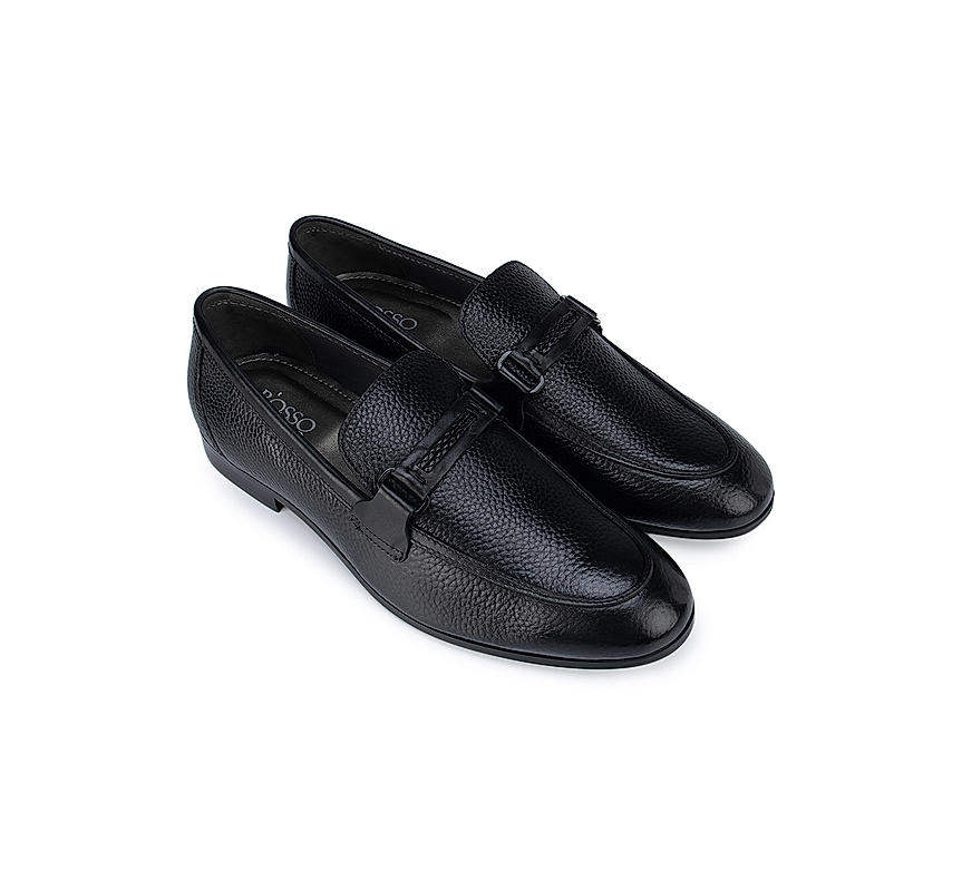 Black Textured Leather Loafers