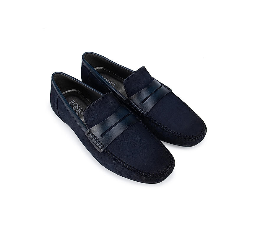 Blue Suede Moccasins With Leather Panel