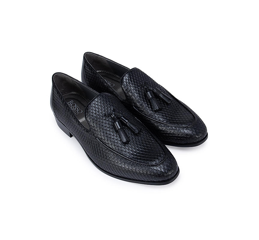 Black Textured Loafers With Tassels