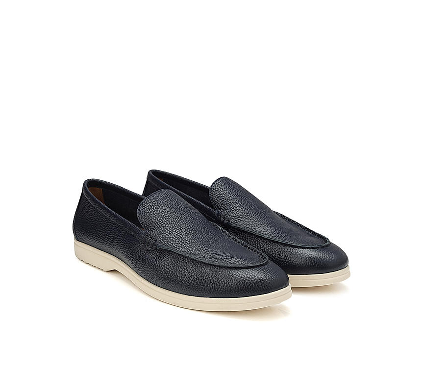 Navy Textured Leather Loafers
