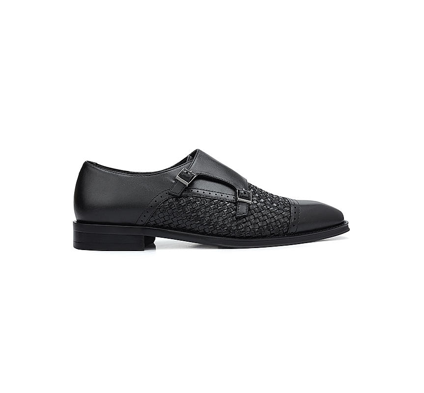 Black Textured Leather Monk Straps