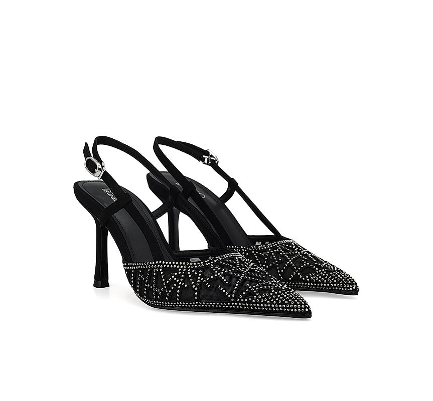 Black Rhinestones Embellished Slingback Heels
