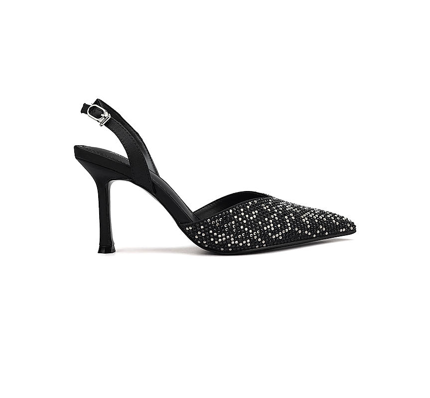 Black Embellished Pointed Toe Heels