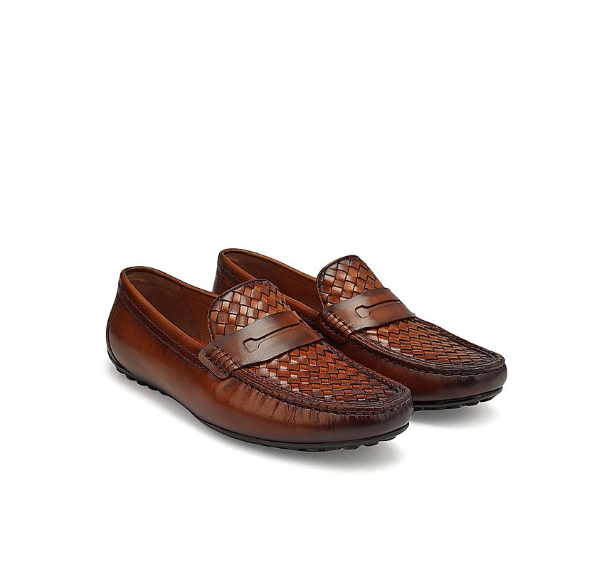 Tan Woven Leather Moccasins