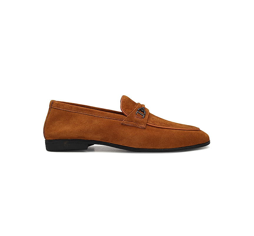 Camel Suede Leather Loafers With Buckle