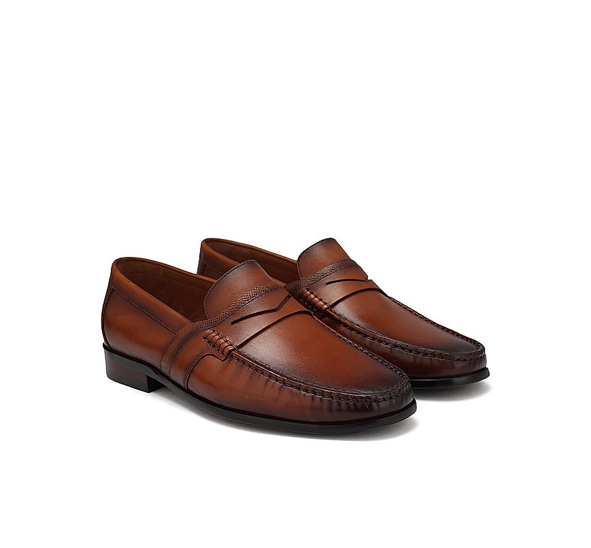 Tan Leather Loafers With Panel