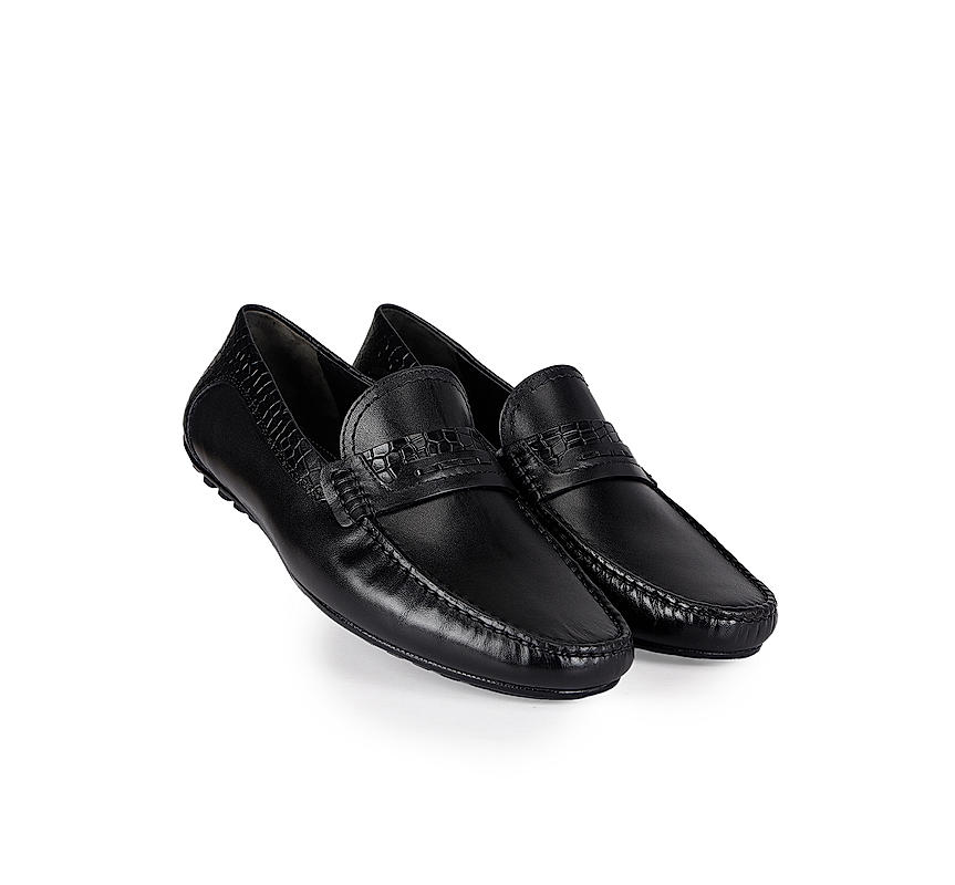 Black Leather Moccasins With Panel On Top