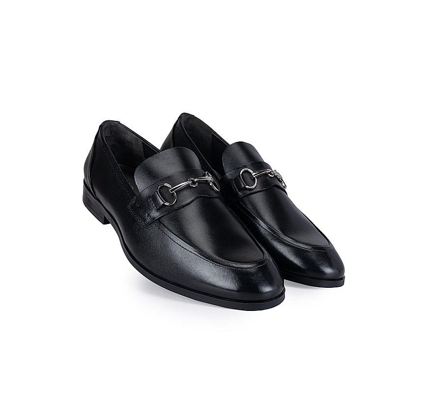 Black Leather Loafers With Metal Buckle
