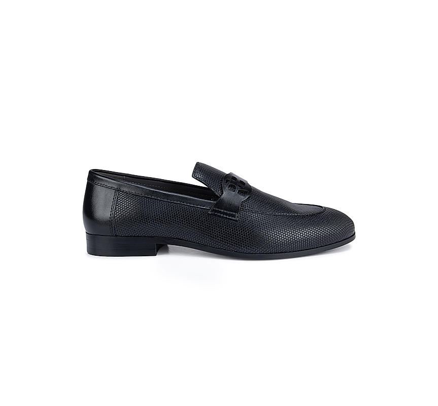 Black Textured Loafers With Logo Strap