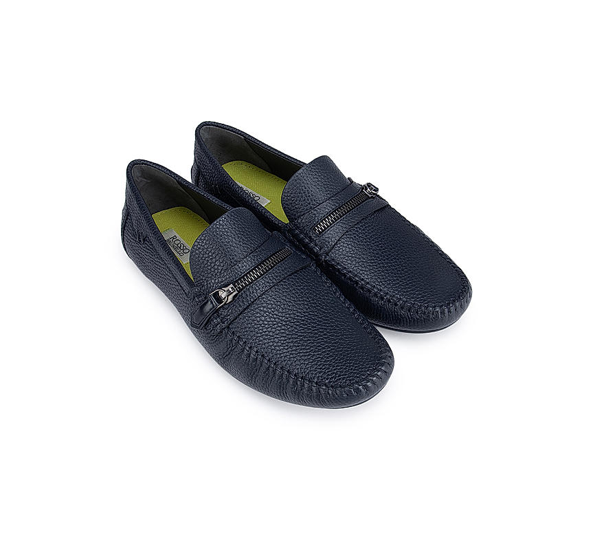 Navy Textured Moccasins With Zipper Detail