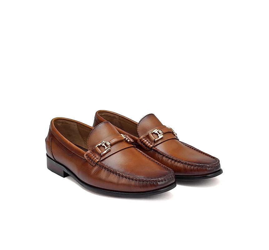 Tan Leather Loafers With Panel On Top