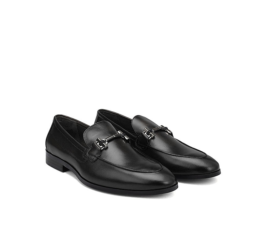 Black Plain Leather Loafers