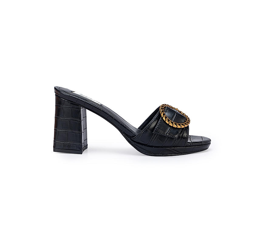Black Croco Textured Block Heel