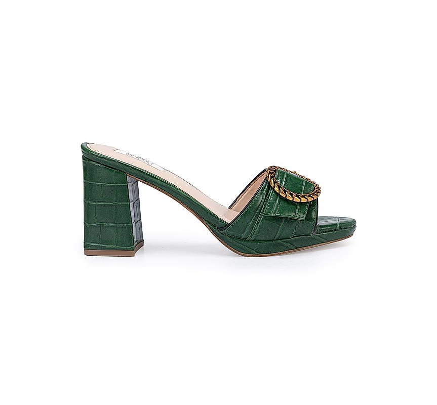 Green Croco Textured Block Heel