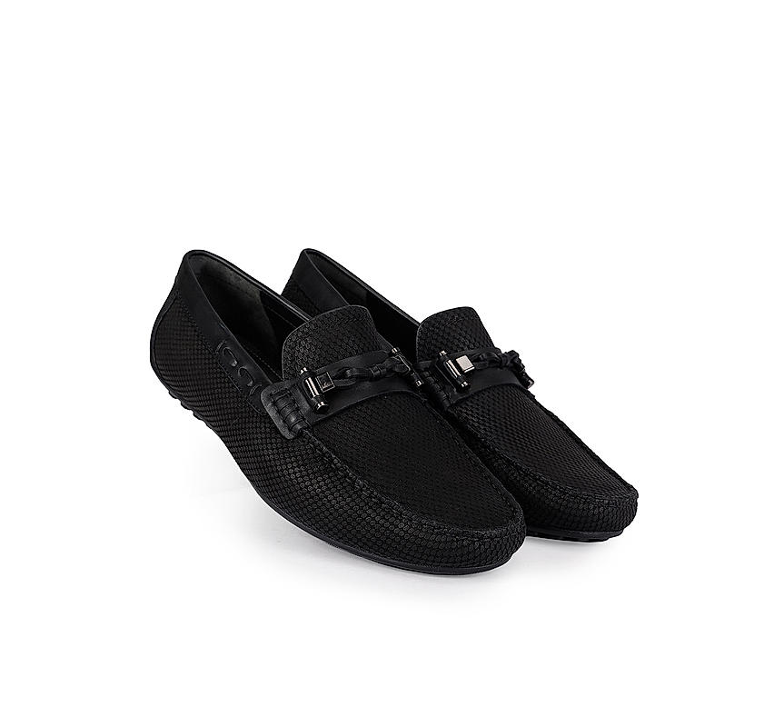 Black Printed Leather Moccasins