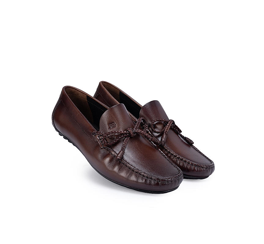 Coffee Leather Moccasins With Bow Detail