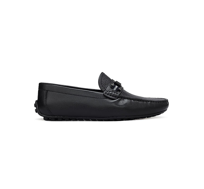 Black Perforated Leather Moccasins