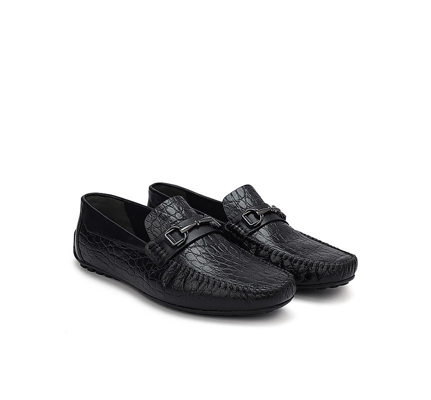 Black Croco Textured Moccasins