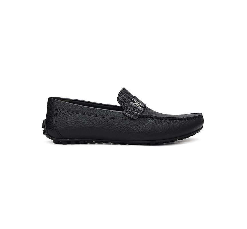 Black Textured Leather Moccasins