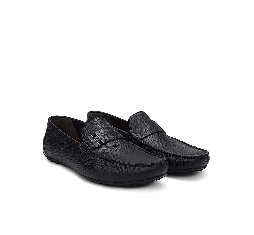 Black Textured Leather Moccasins