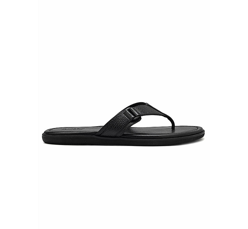 Black Textured Leather Thong Slippers