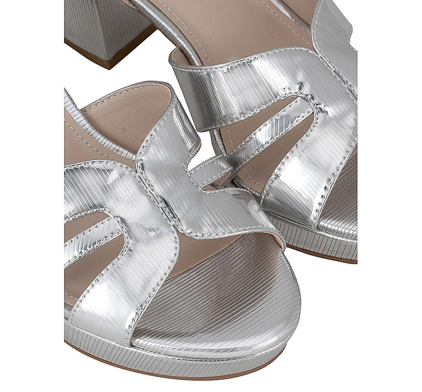 Silver Metallic Ankle Strap Block Heels