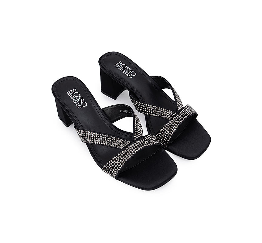 Black Sequined Criss Cross Strap Heels