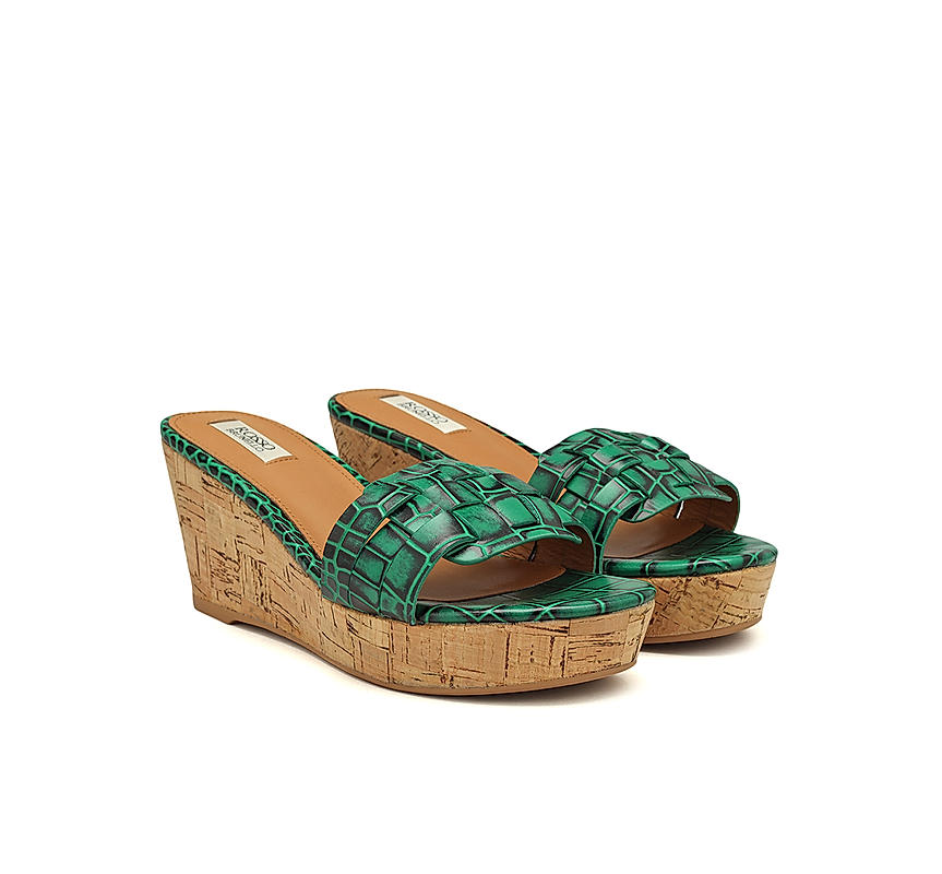 Green Textured Leather Wedges