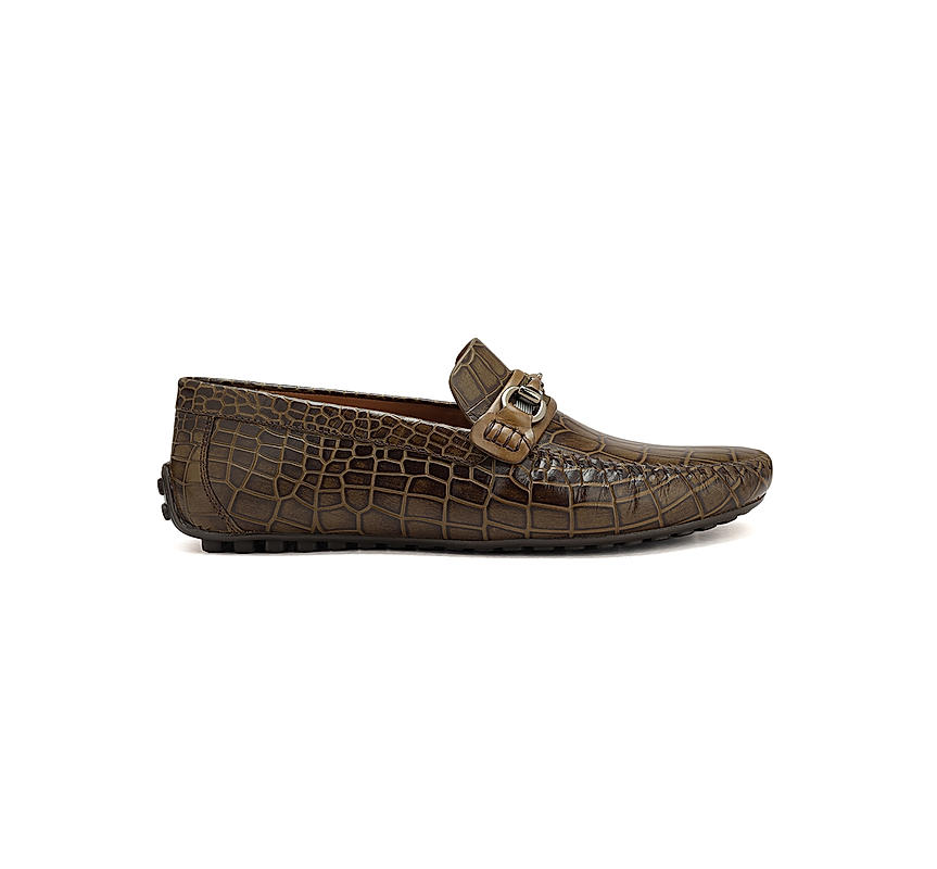 Olive Croco Textured Moccasins