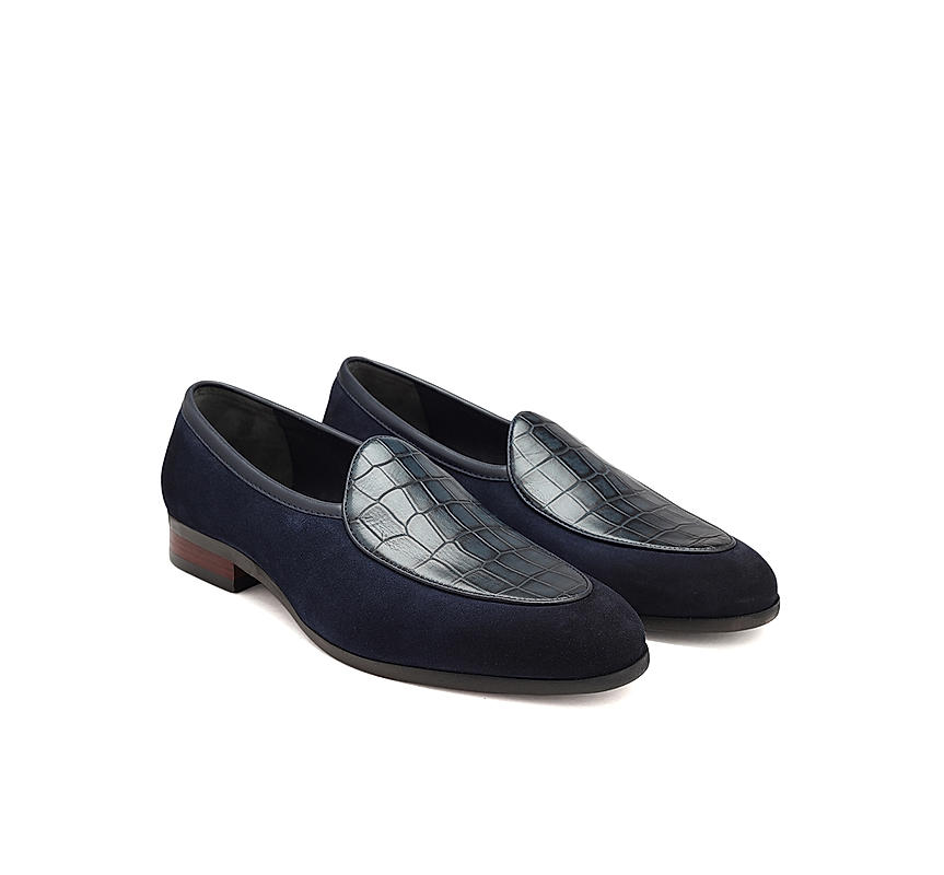 Navy Croco Textured Loafers