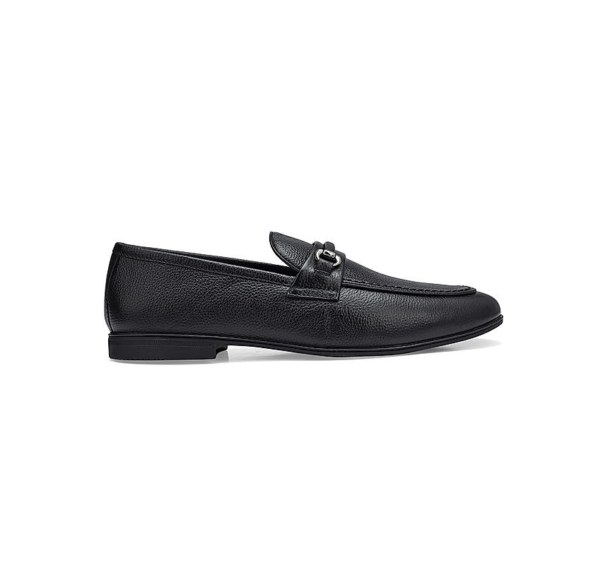 Black Textured Leather Loafers