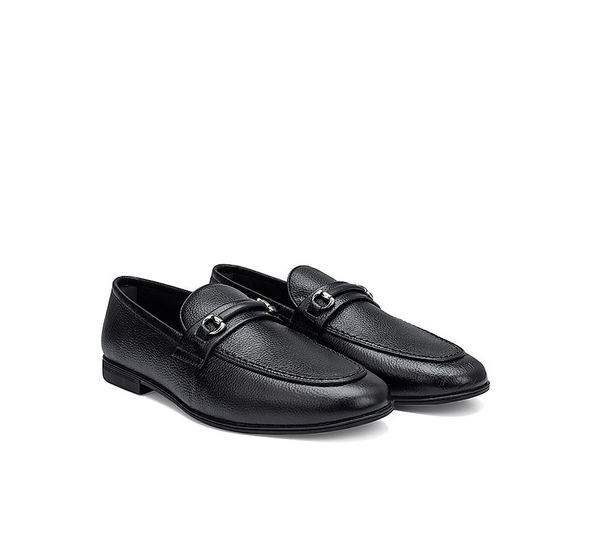 Black Textured Leather Loafers